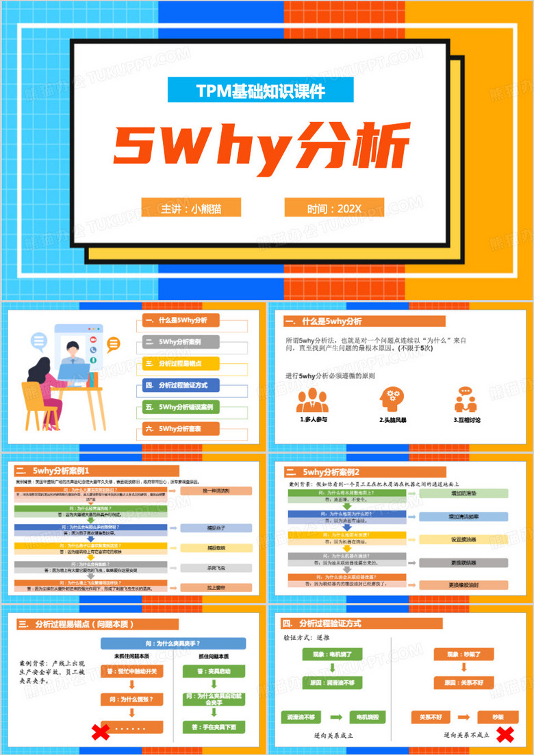 蓝黄简约风5WHY分析PPT模板