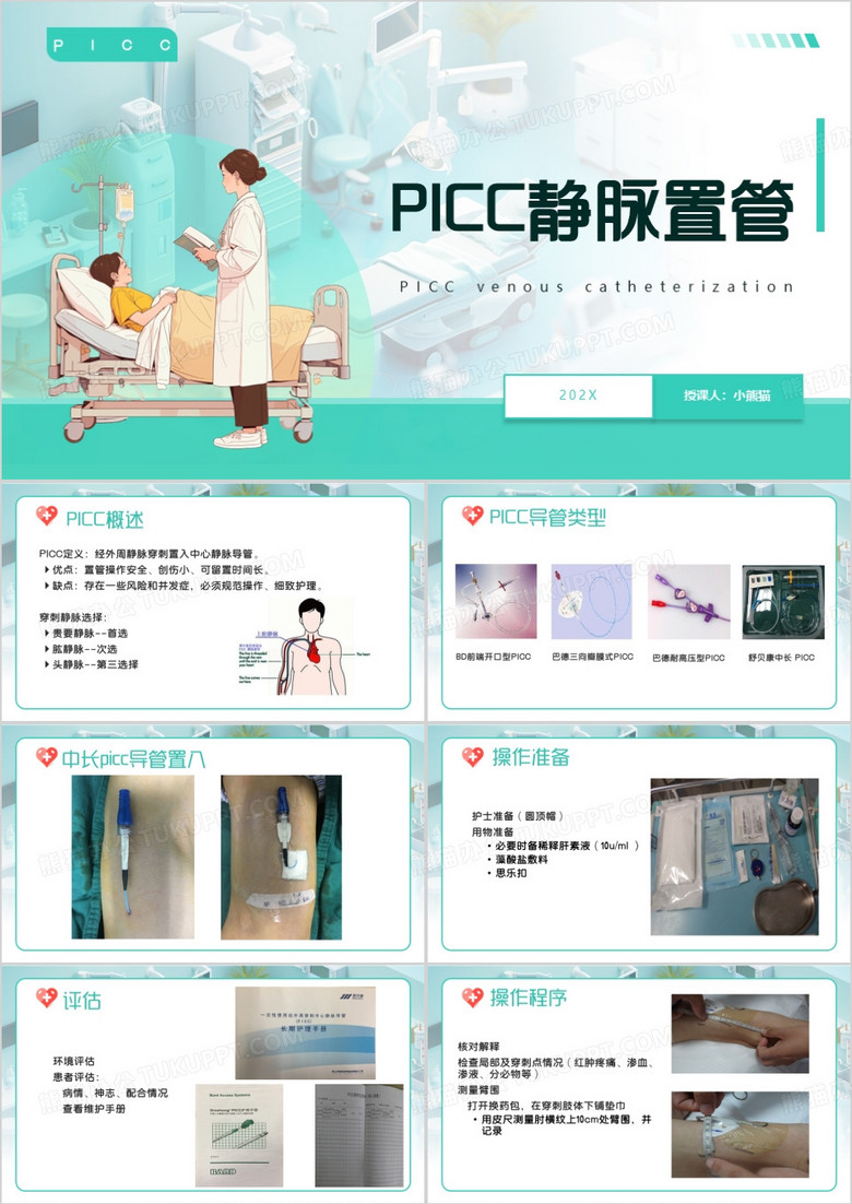 绿色简约风PICC静脉置管PPT模板