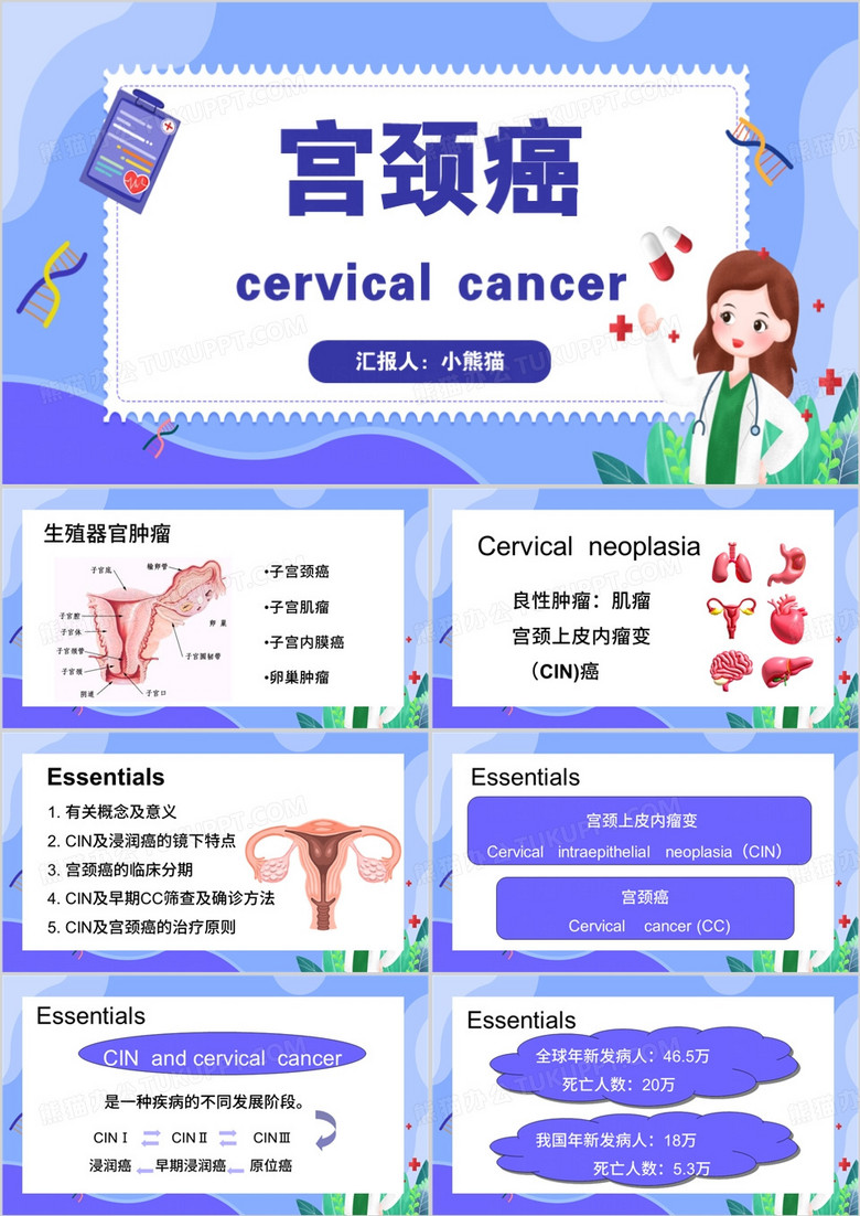 紫色扁平化妇产科宫颈癌PPT模板