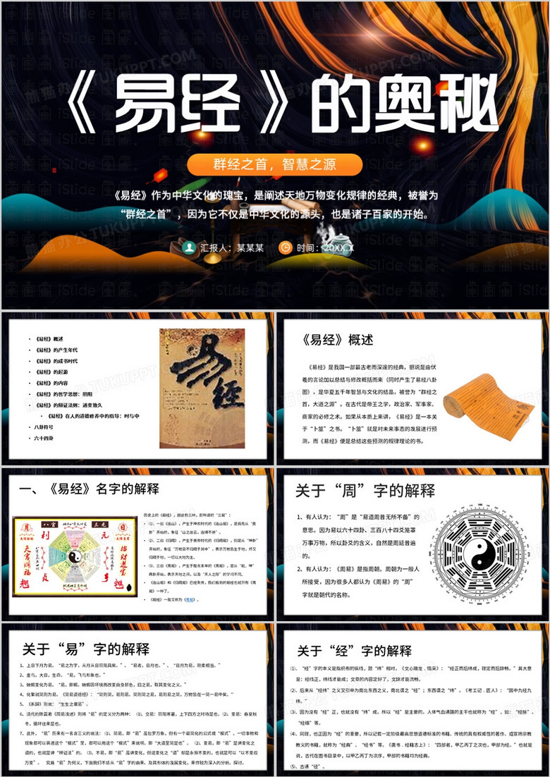 橙色简约风易经的奥秘PPT模板