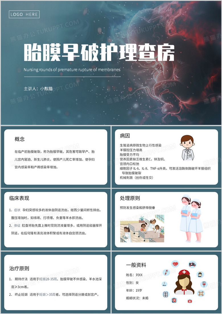 绿色简约风胎膜早破护理查房PPT模板