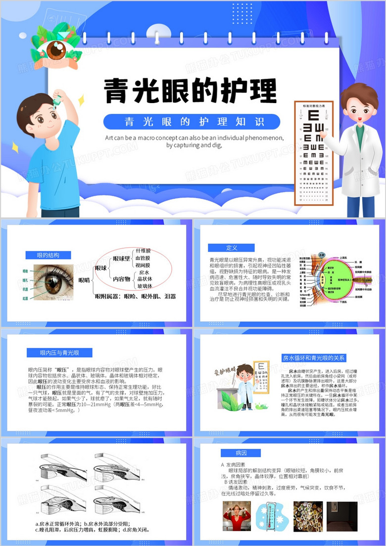 蓝色卡通风青光眼的护理PPT模板