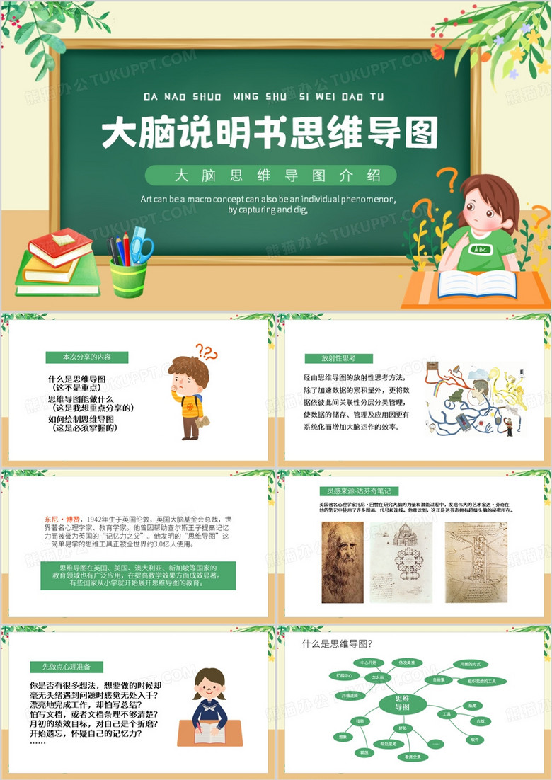 绿色卡通风大脑说明书思维导图PPT模板