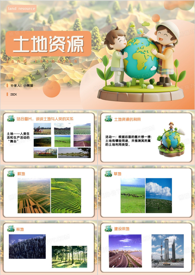 橙色卡通风土地资源PPT模板