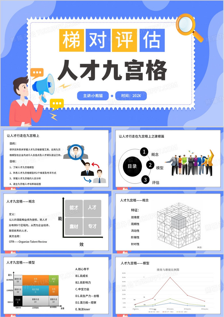 蓝色扁平化人才九宫格PPT模板