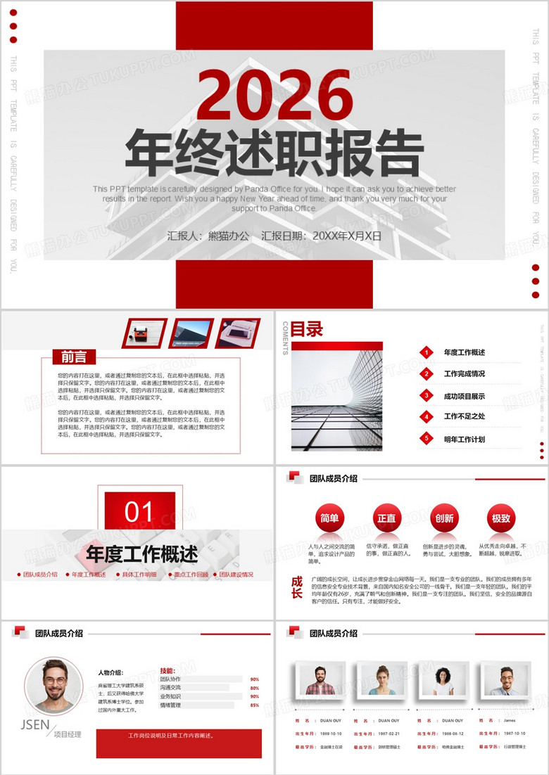 2026红色大气简约年终述职报告工作汇报动态PPT模板