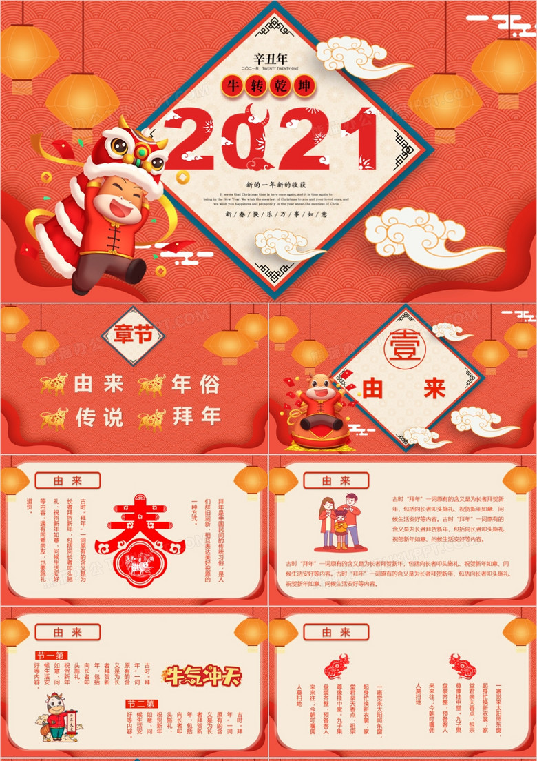 喜庆中国风2021年牛年介绍PPT模板