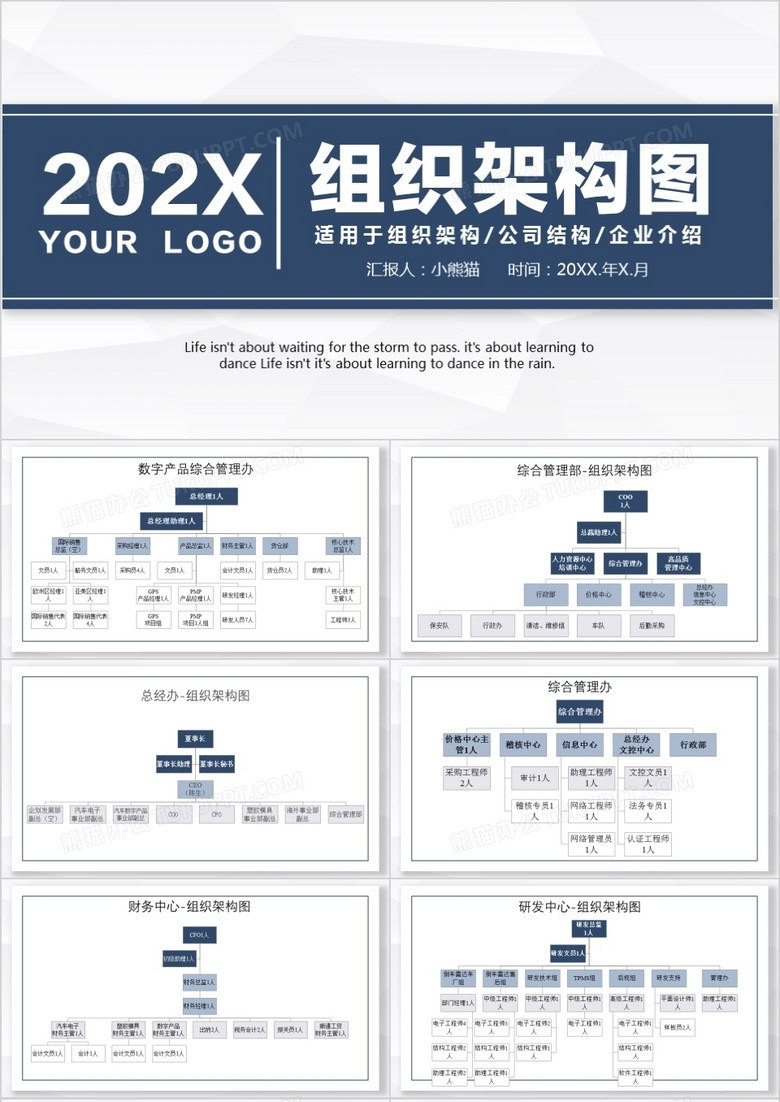 2022高级灰色蓝色简约企业组织架构PPT模板