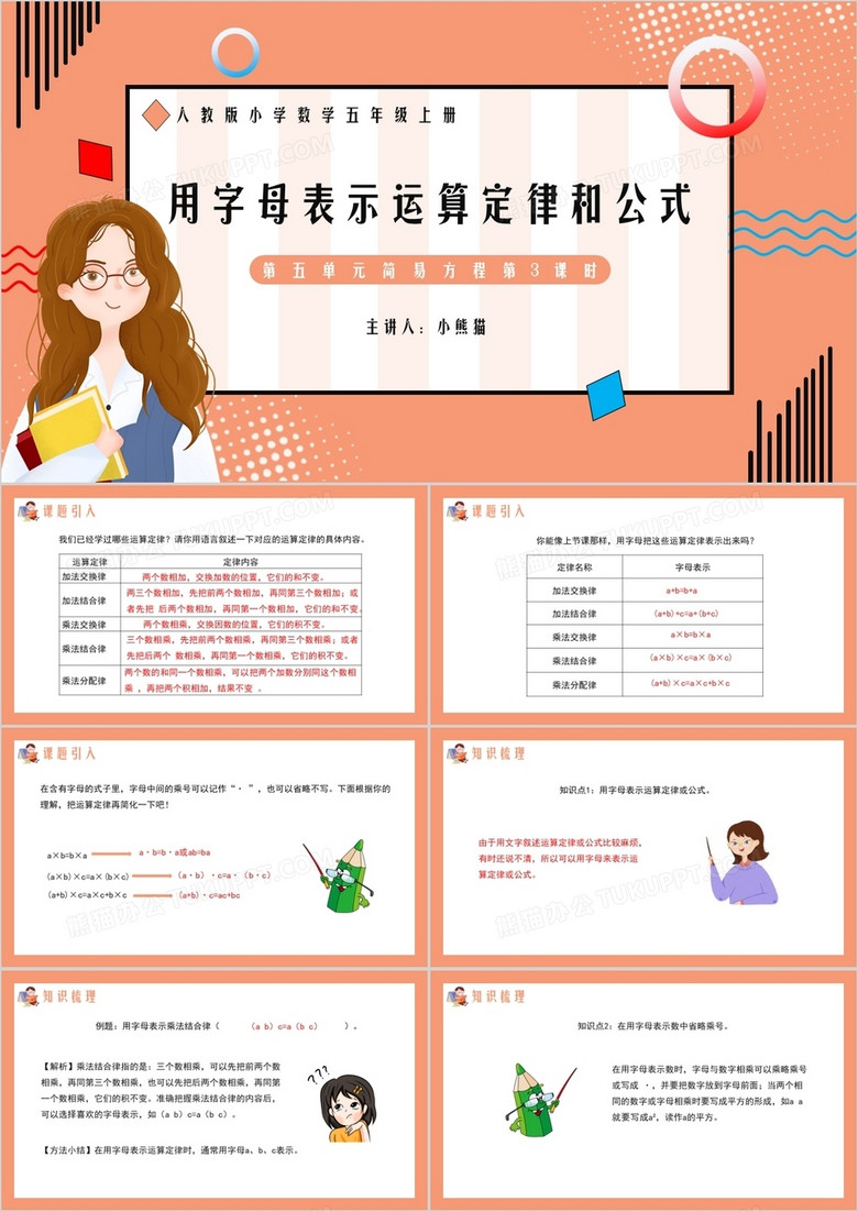部編版五年級數(shù)學(xué)上冊用字母表示運算定律和公式課件PPT模板