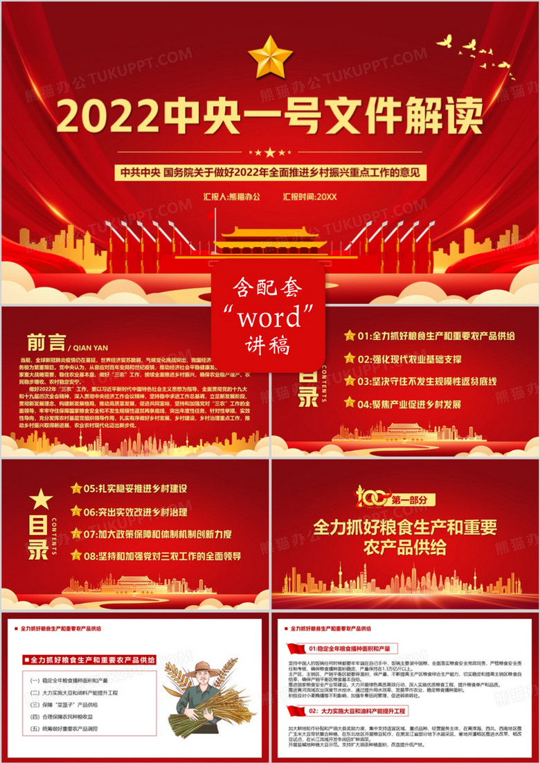 红色党政风2022中央一号文件解读PPT模板