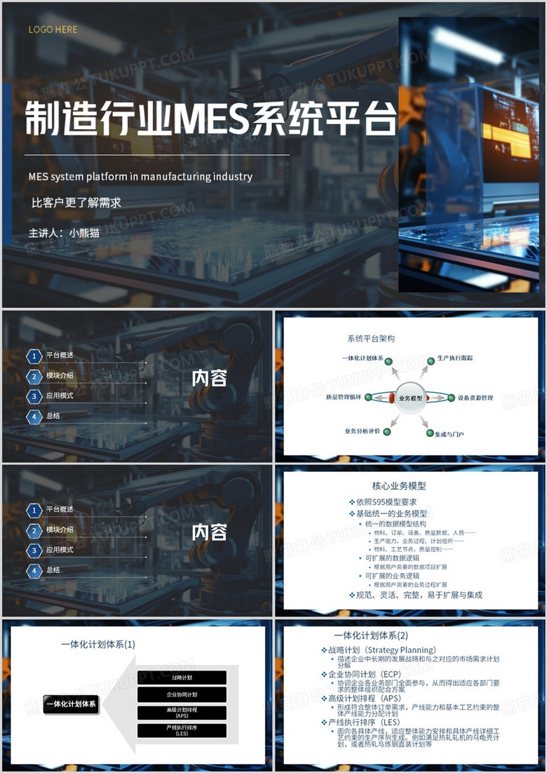 蓝色简约风制造行业MES系统平台PPT模板