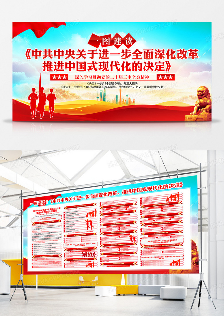 红色一图速读三中全会精神进一步全面深化改革的纲领性文件党建双面展板