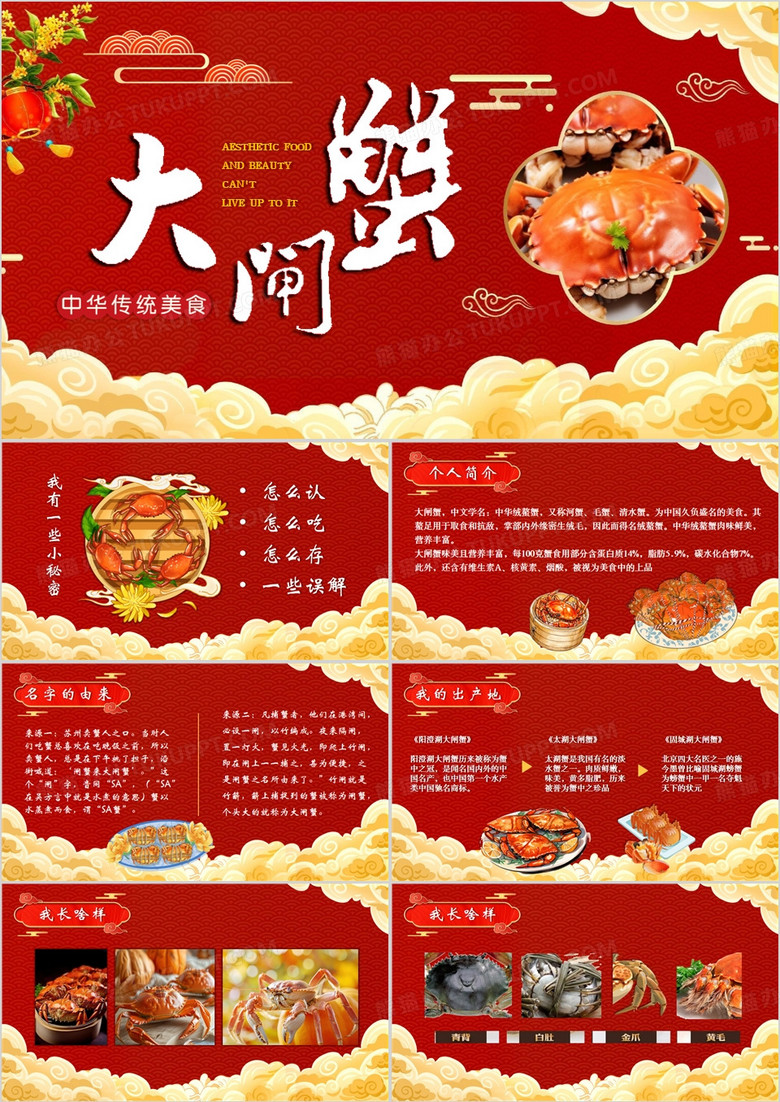 红色中国风大闸蟹的介绍PPT模板