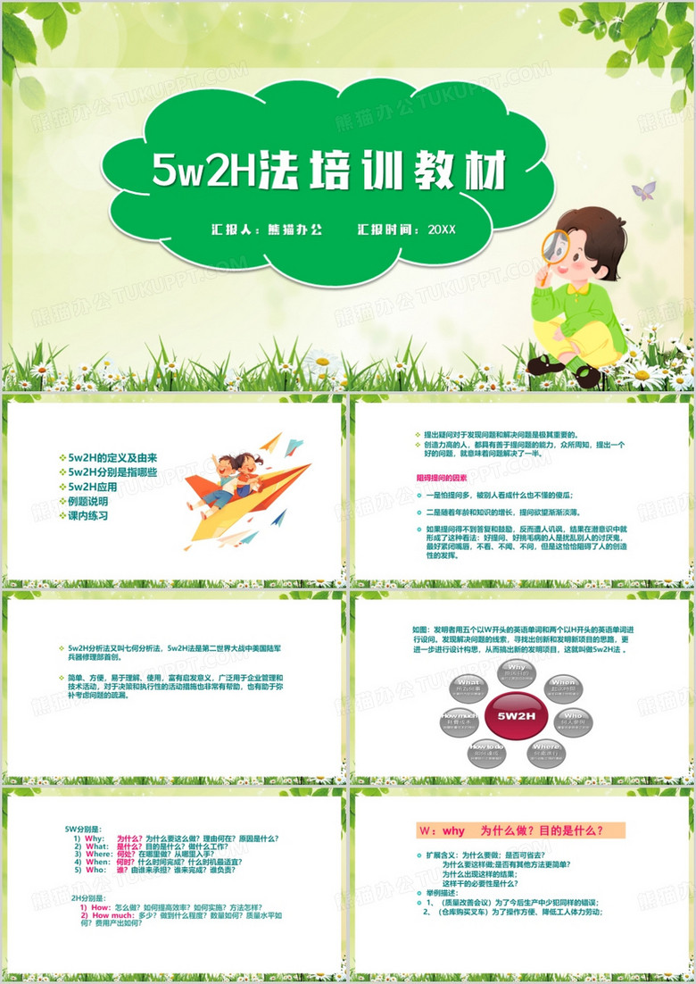 绿色简约风5w2H分析法培训教材PPT模板