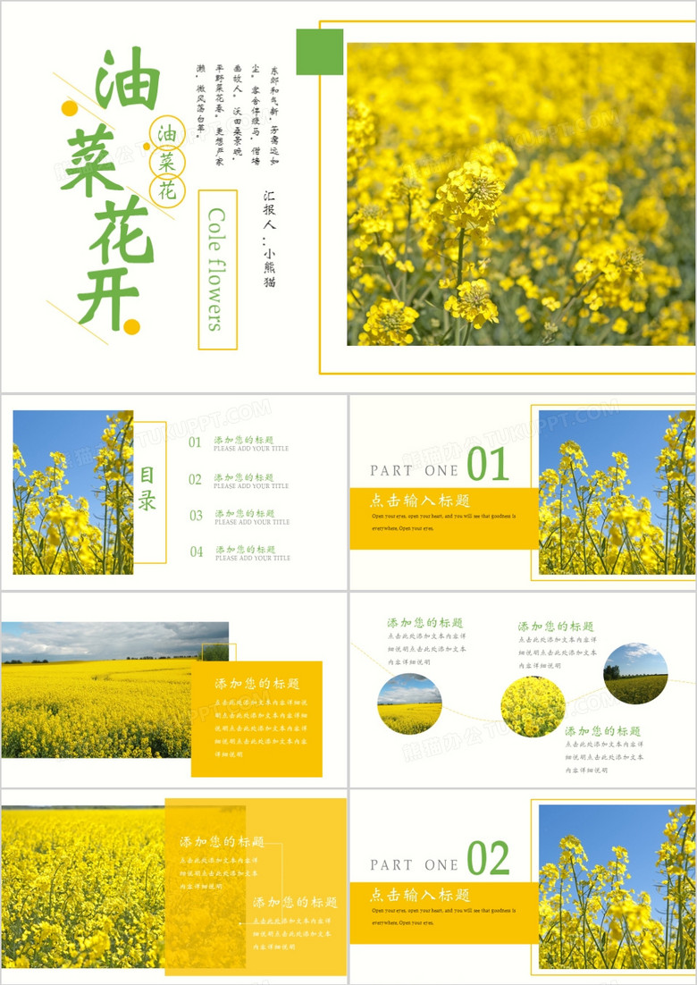 创意简约小清新油菜花开旅行相册通用PPT模板