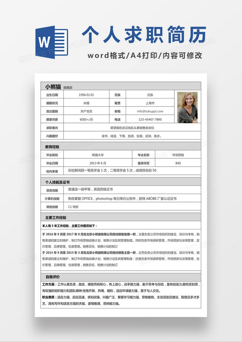 极简风销售类工作求职简历个人简历简历word简历