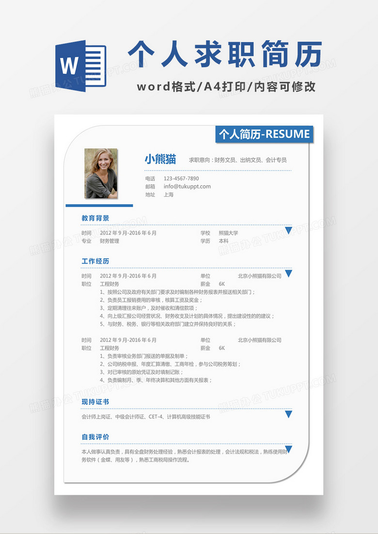 极简风财务文员出纳会计求职简历个人简历简历word简历