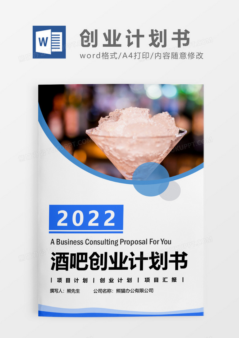 蓝色简约酒吧项目创业计划书WORD模板