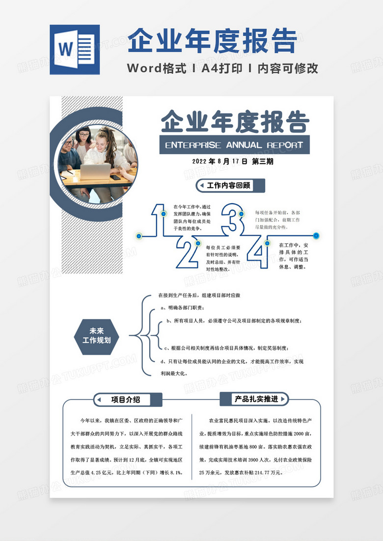 蓝色简约企业年度报告简报WORD模板