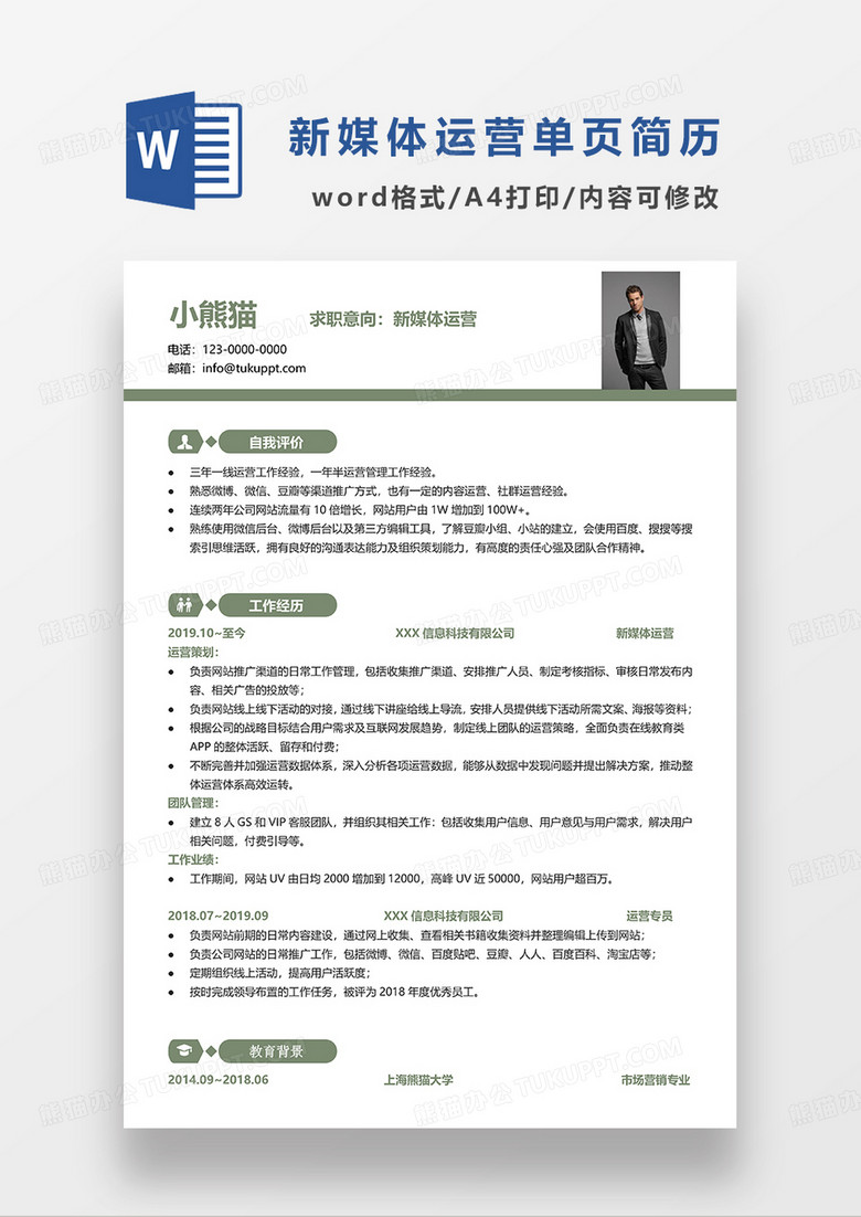 单页绿色简洁新媒体运营求职简历WORD模板