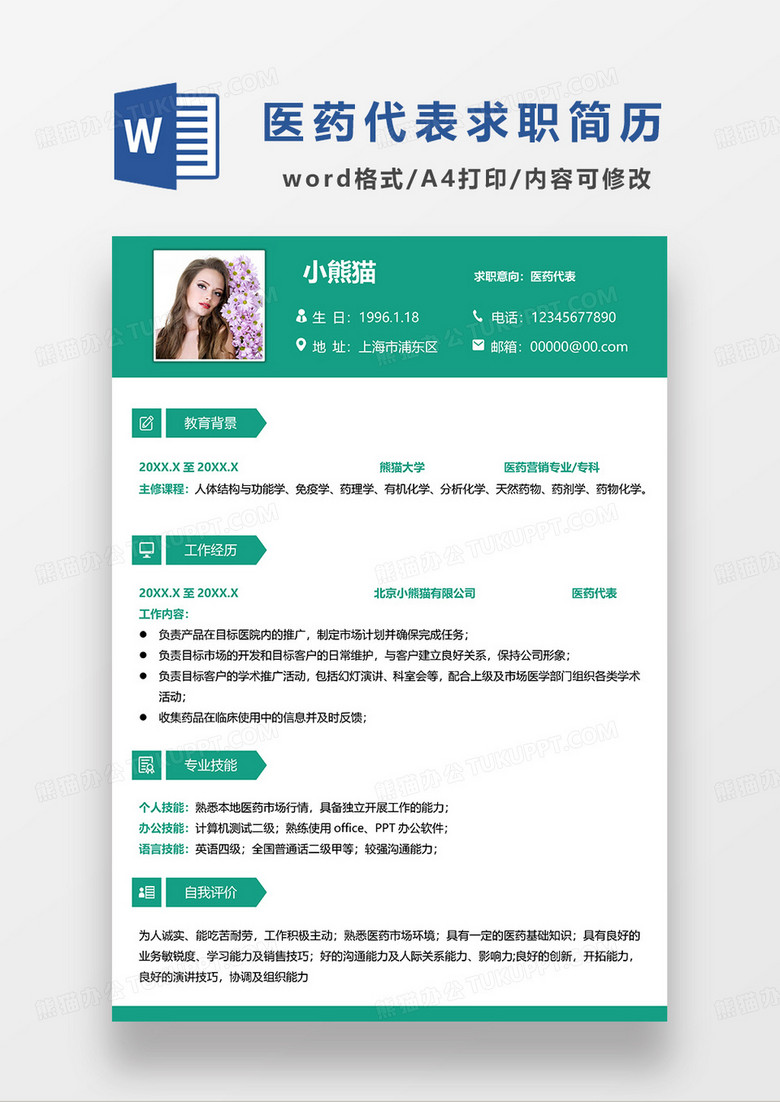 绿色清新简约医药代表求职简历WORD模板
