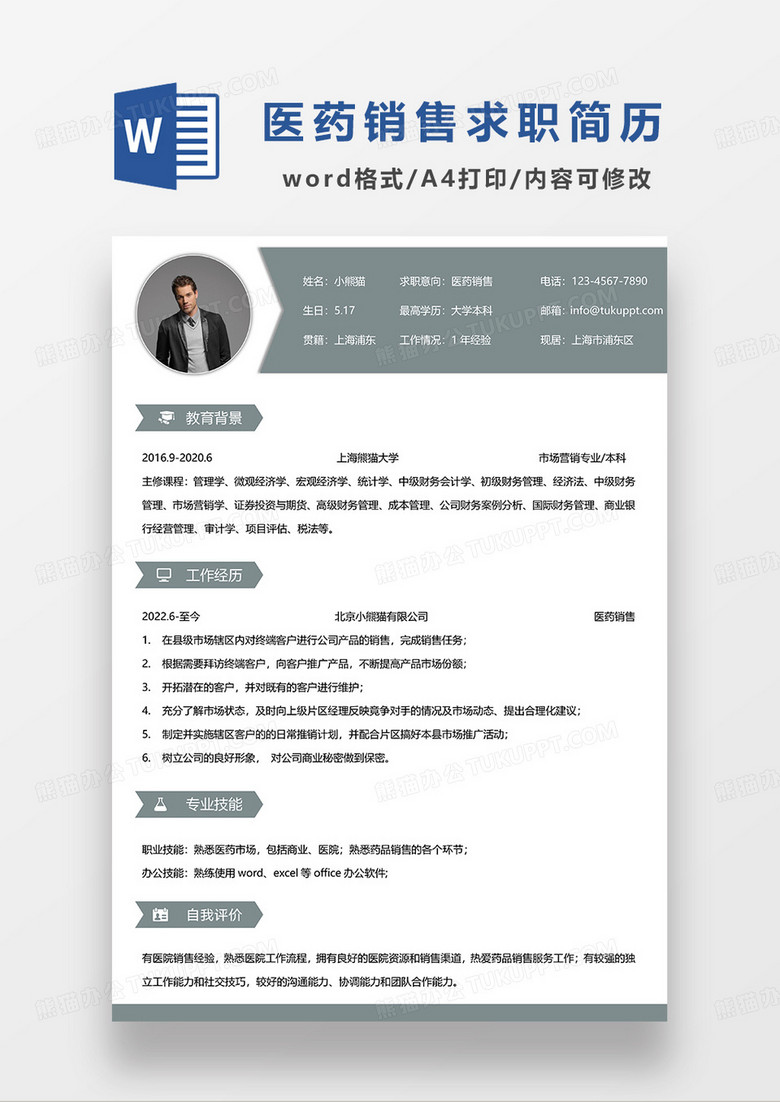 墨绿色简约医药销售求职简历WORD模板