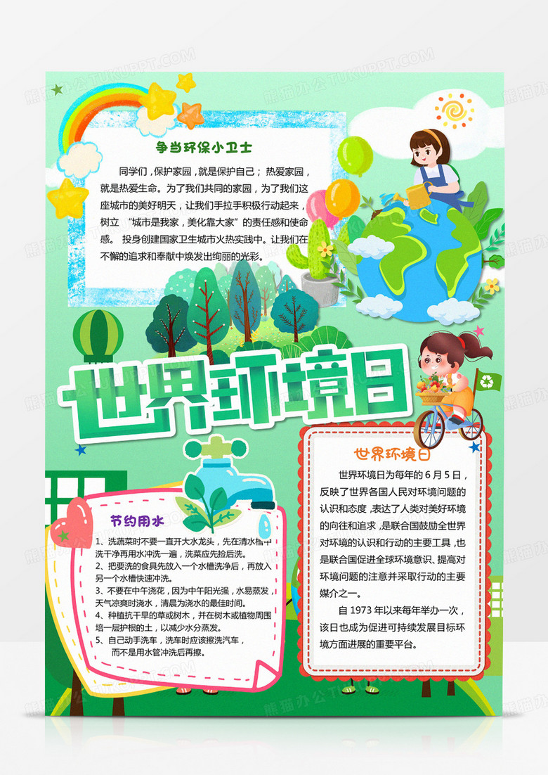 绿色卡通世界环境日竖版小报模板