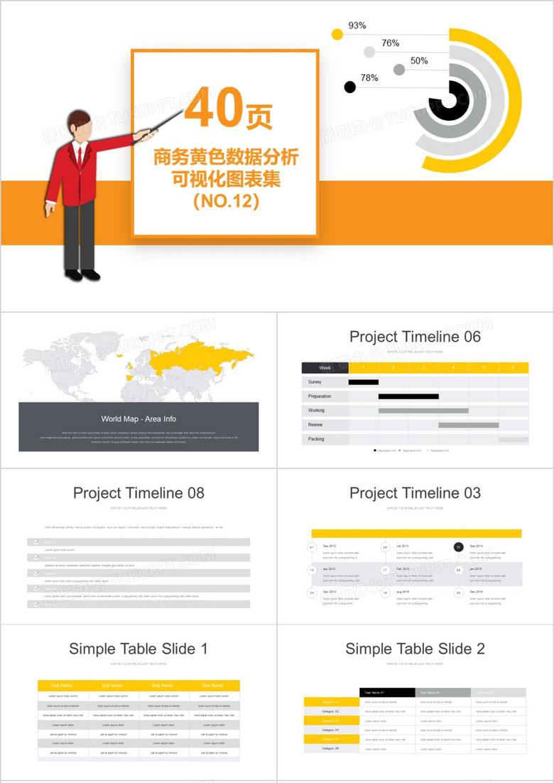 40页商务黄色数据分析可视化图表集PPT模板 40页商务黄色数据分析可视化图表集PPT模板