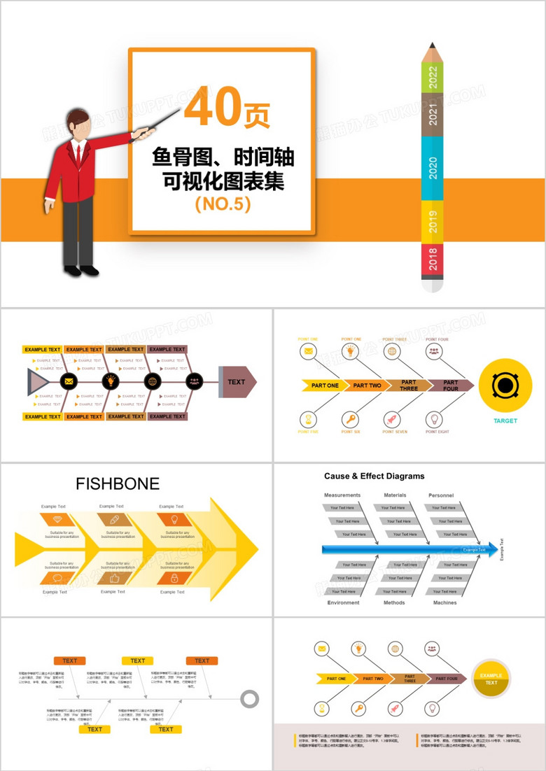 40页鱼骨图时间轴可视化图表集PPT模板