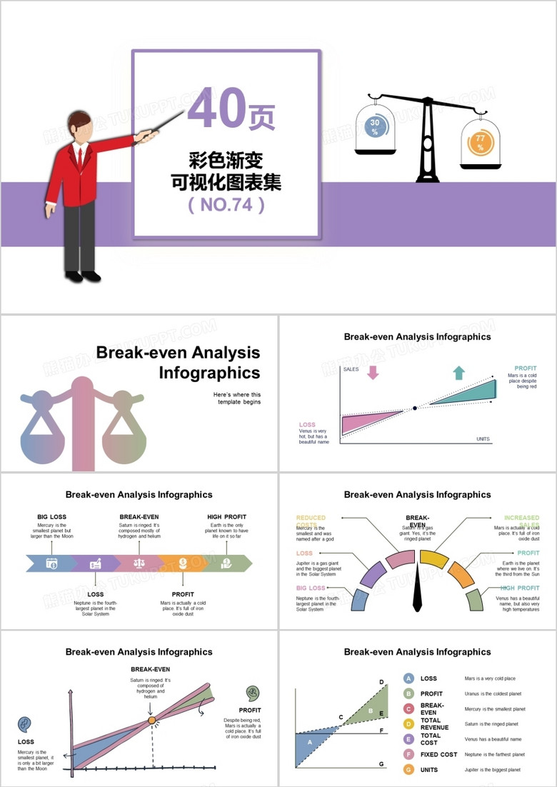 40页彩色渐变可视化图表集PPT模板