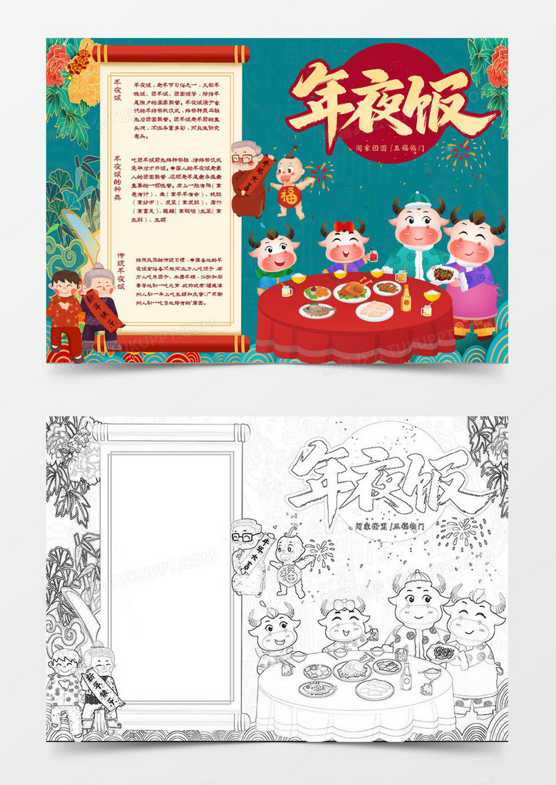 卡通绿色国风春节习俗之年夜饭小报Word模板