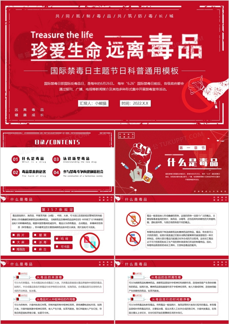 红色简约国际禁毒日节日科普PPT模板