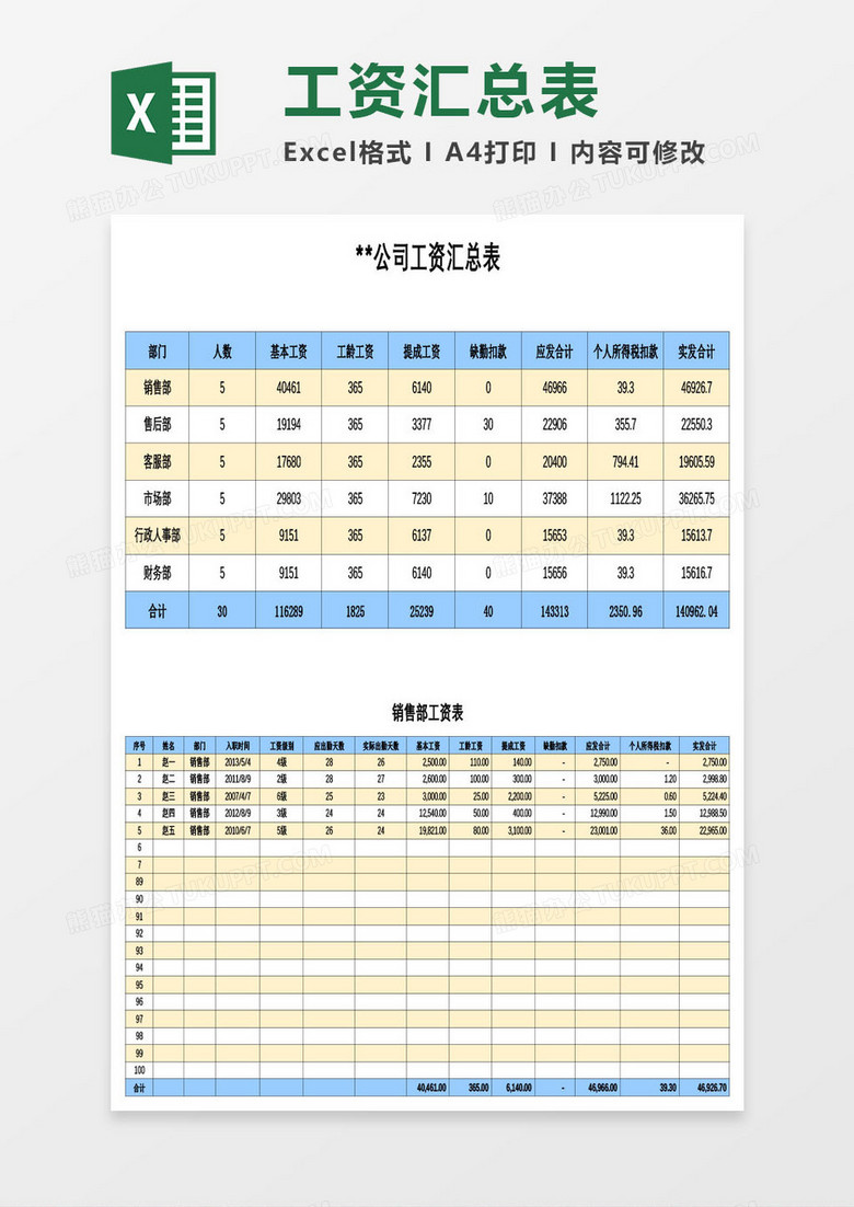 彩色简约工资汇总表Excel模板