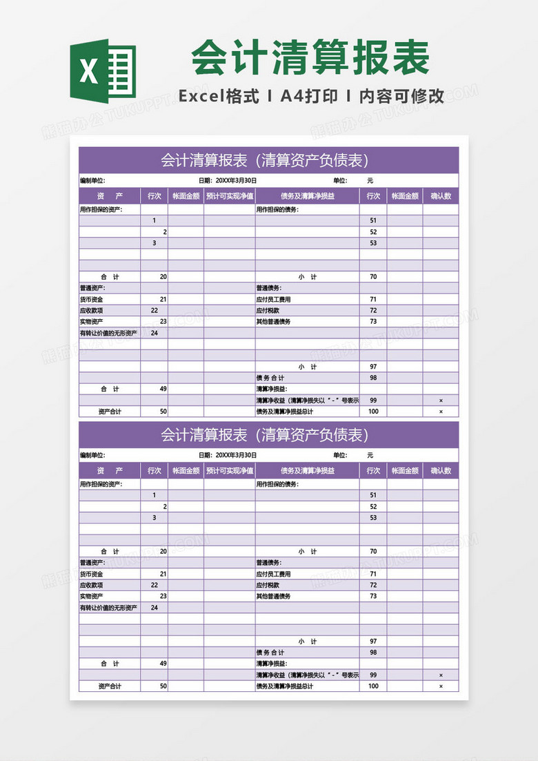 紫色会计清算报表（清算资产负债表）