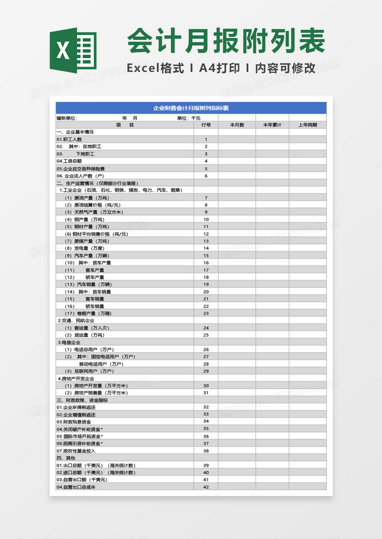 企业财务会计月报附列指标表Excel模板