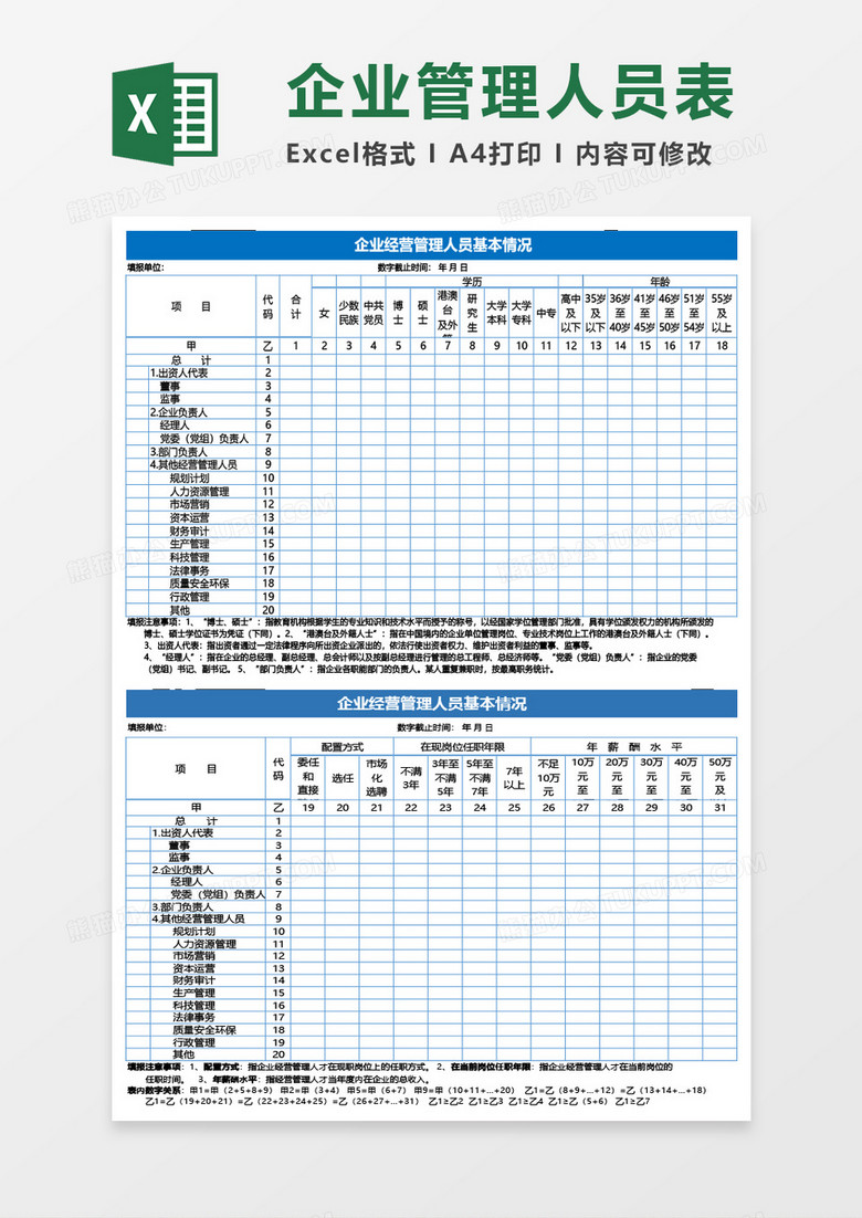 企业经营管理人员基本情况表Excel表