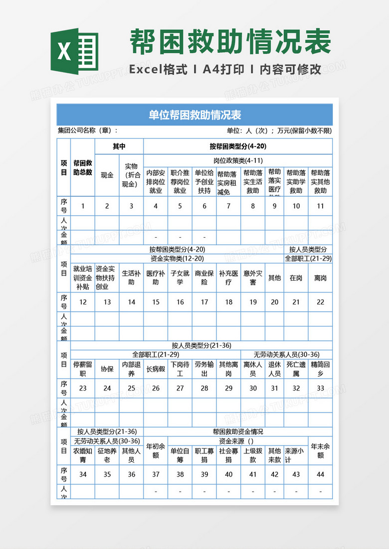 单位帮困救助情况表Excel模板