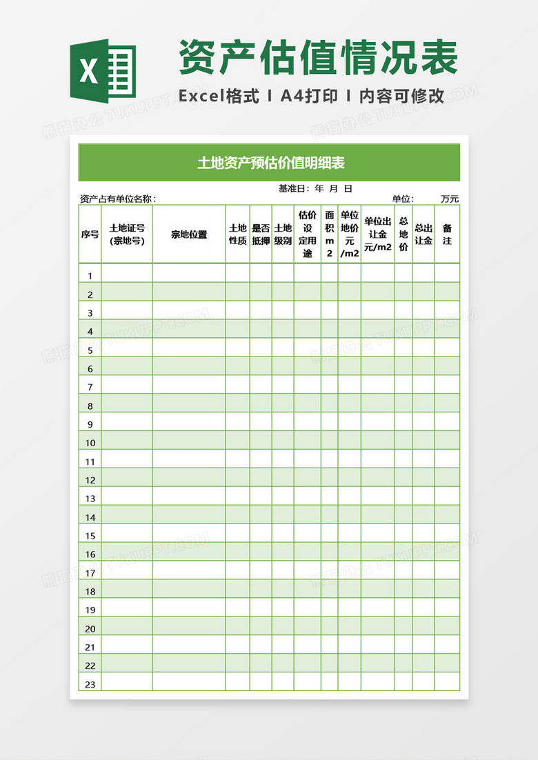 土地资产预估价值明细表Excel模板