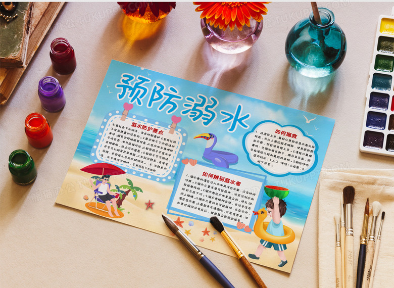 蓝色卡通预防溺水小报手抄报word模板