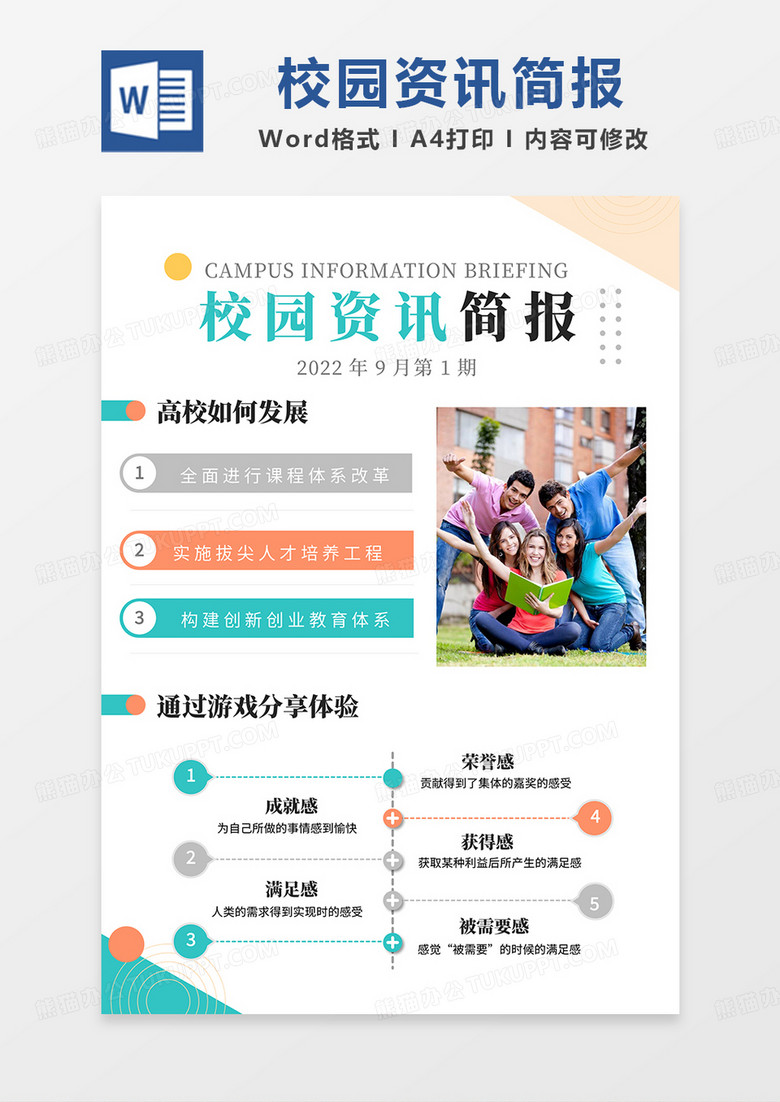 橙绿简约校园资讯简报word模板