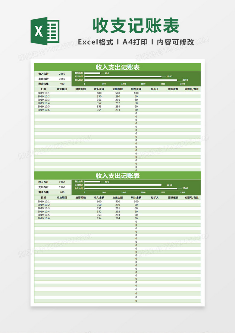 绿色简约收入支出记账表excel模版