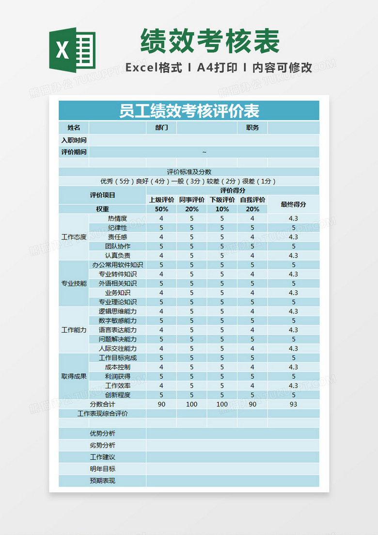 蓝色简约员工绩效考核评价表excel模版