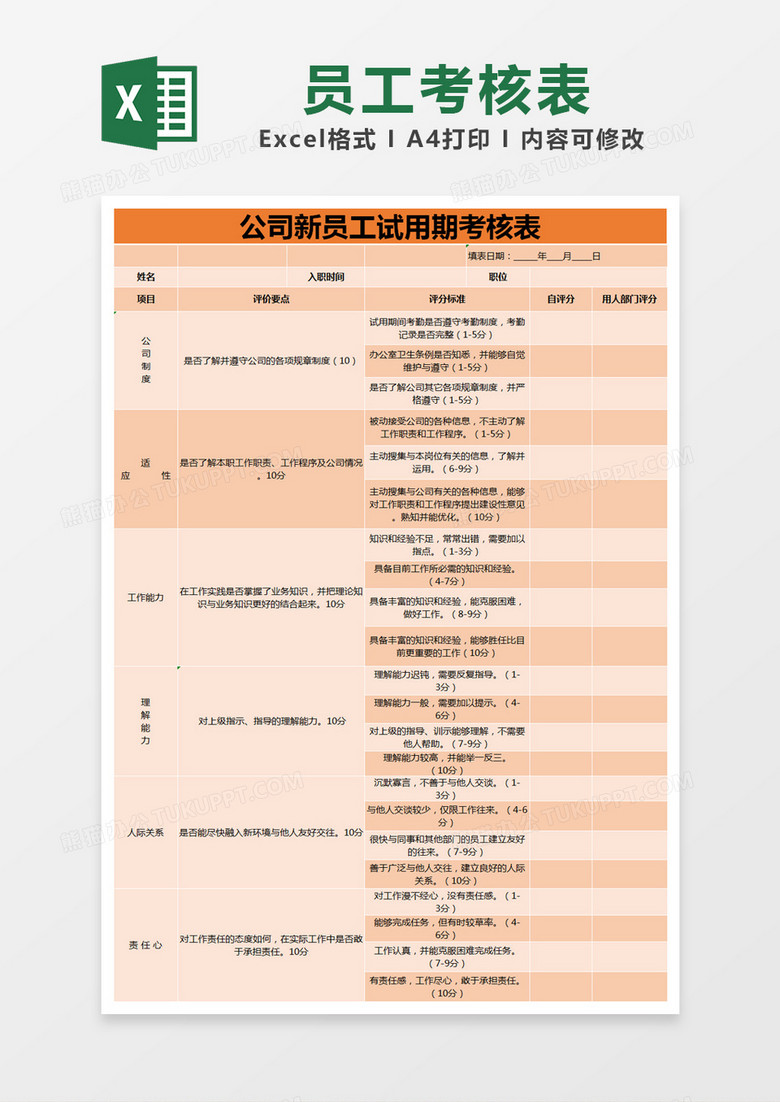 橙色简约公司新员工试用期考核表excel模版