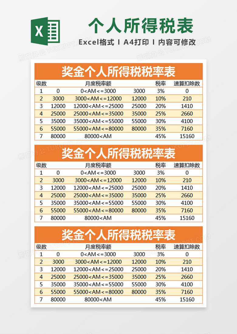 橙色简约奖金个人所得税税率表excel模版