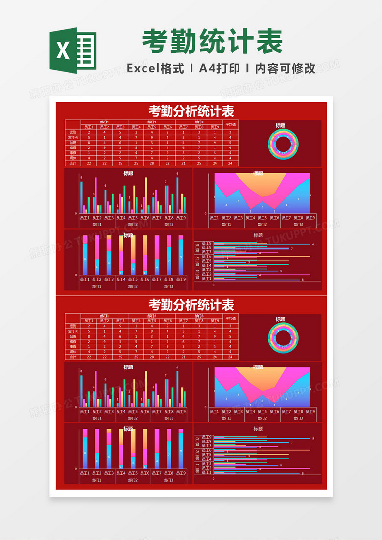 红色简约考勤分析统计表excel模版