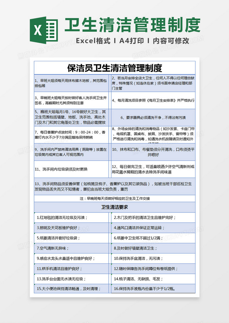 蓝色简约保洁员卫生清洁管理制度excel模版 蓝色简约保洁员卫生清洁管理制度excel模版