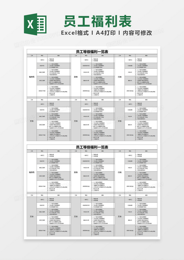 黑色简约员工等级福利一览表excel模版 