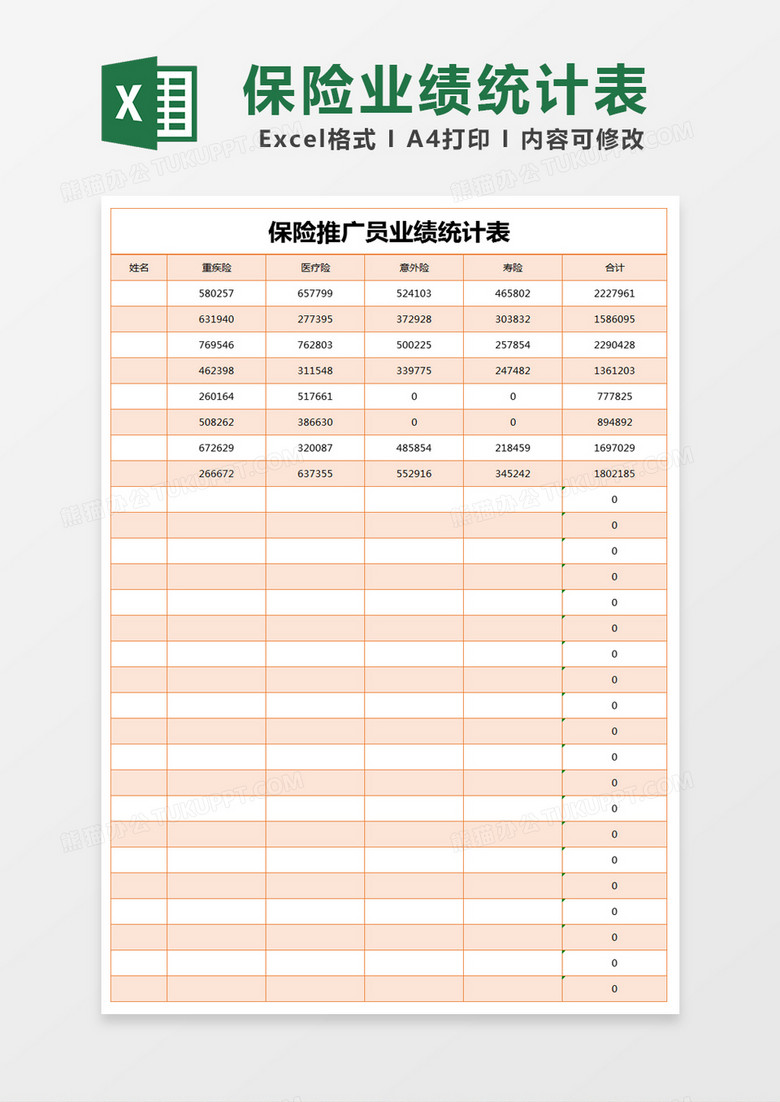 橙色简约保险推广员业绩统计表excel模版