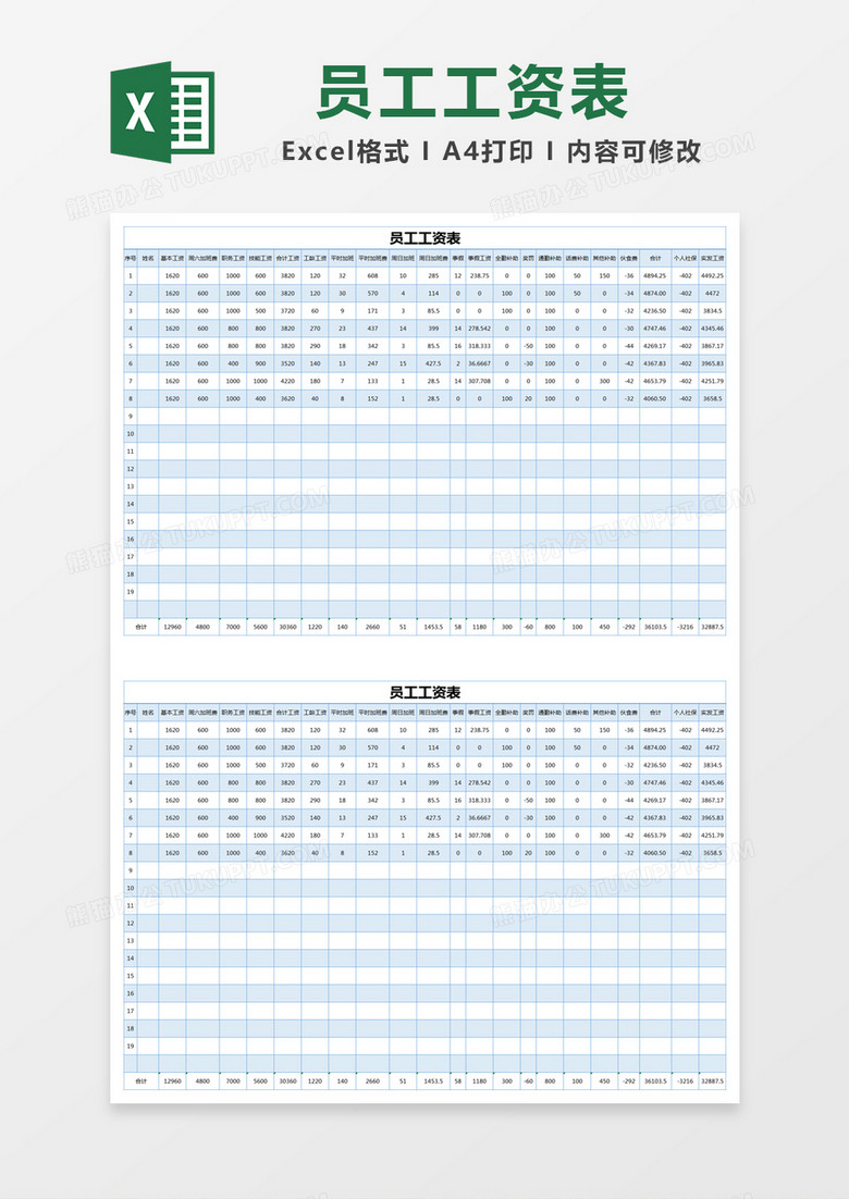蓝色简约员工工资表excel模版