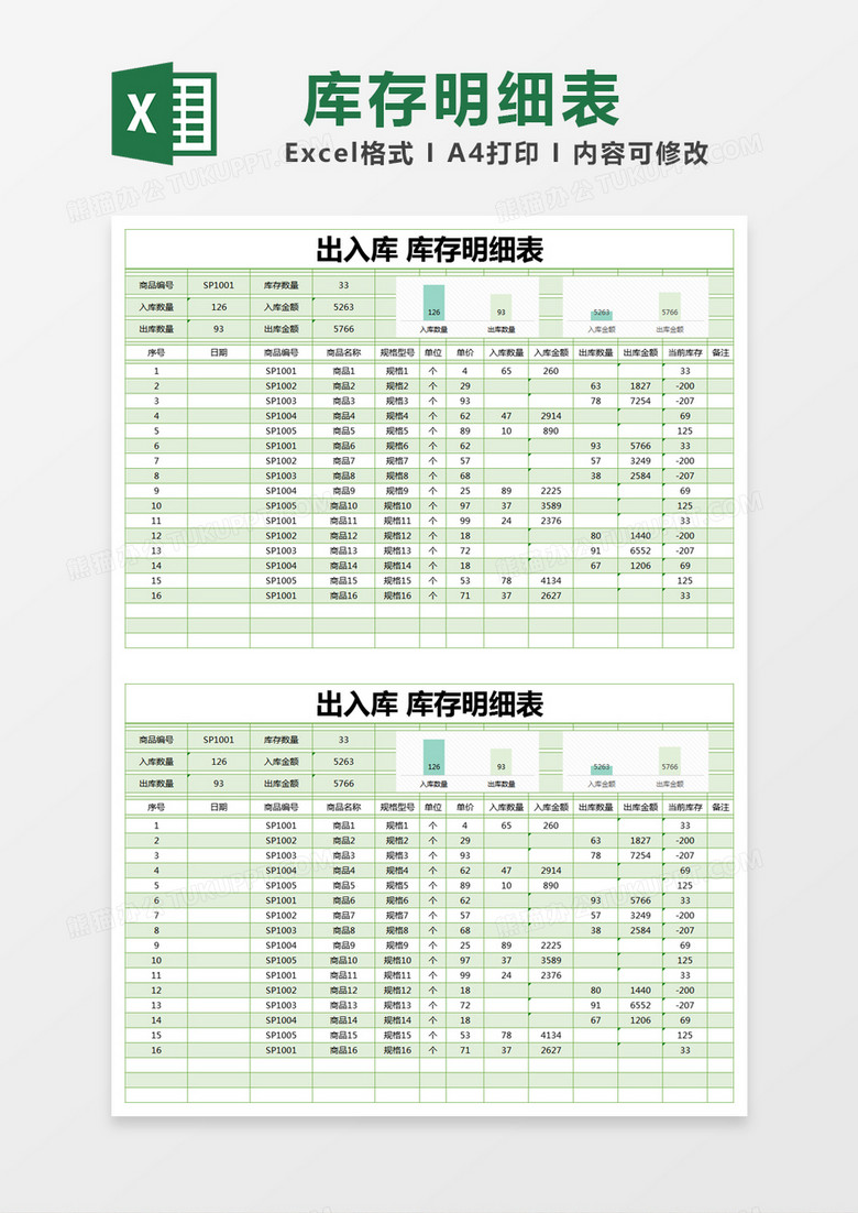 绿色简约出入库库存明细表excel模版